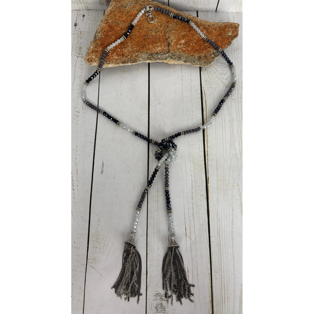 Gray Beaded Lariat Necklace Silver Chain Tassels Boho Statement Jewelry‎ P133